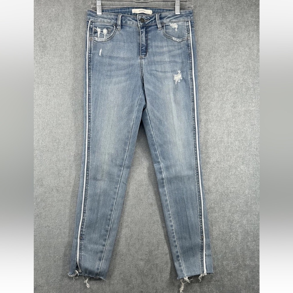 Hidden Jeans women's distressed denim with a white side stripe and raw hem -29